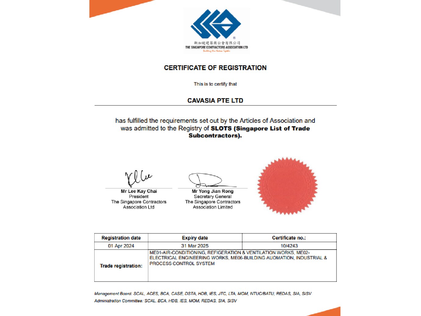 Certficate for Singapore List of Trade Subcontractors (SLOTS) registered for ME01, ME02 & ME06