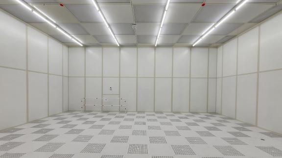 Interior of a cleanroom with a check-patterned floor